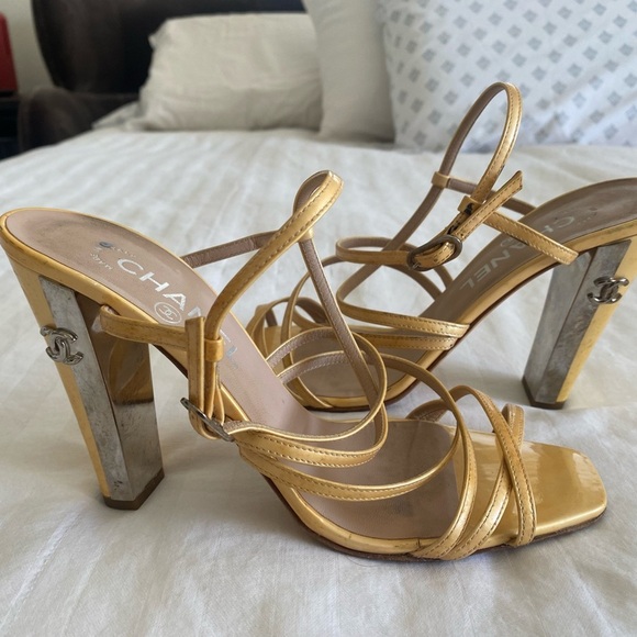 Authentic Chanel Gold Strappy Block Heel Sandals – Size 39.5 - Picture 4 of 16